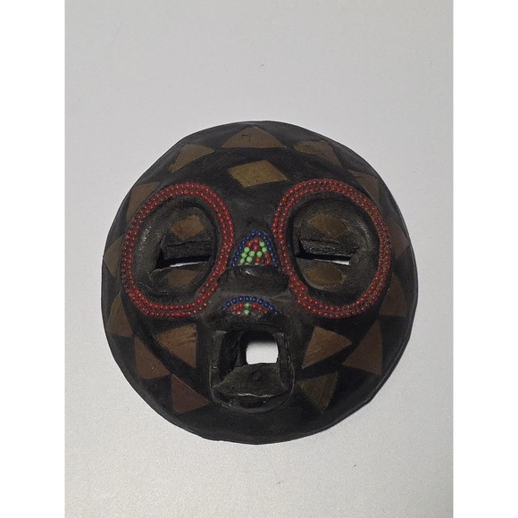 African Tribal‎ Mask Handcrafted In Ghana Beaded Brass Inlay 5 Inch - Picture 1 of 9